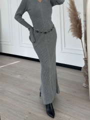 V Yaka Fitilli Uzun Elbise- Gri