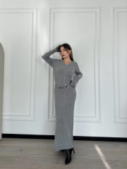 V Yaka Fitilli Uzun Elbise- Gri