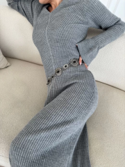 V Yaka Fitilli Uzun Elbise- Gri