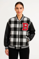 Kadın Kolej Ceket – Kareli Oduncu Kumaş, Kolları Suni Deri, Fermuarlı, İçi Kapitone Astarlı, Nakışlı Oversize Bahar & Kış Stil - Gri