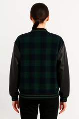 Kadın Kolej Ceket – Kareli Oduncu Kumaş, Kolları Suni Deri, Fermuarlı, İçi Kapitone Astarlı, Nakışlı Oversize Bahar & Kış Stil - Haki