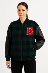 Kadın Kolej Ceket – Kareli Oduncu Kumaş, Kolları Suni Deri, Fermuarlı, İçi Kapitone Astarlı, Nakışlı Oversize Bahar & Kış Stil - Haki