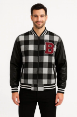 Erkek Kolej Ceket – Kareli Oduncu Kumaş, Kolları Suni Deri, Fermuarlı, İçi Kapitone Astarlı, Nakışlı Oversize Bahar & Kış Stil - Gri