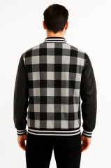 Erkek Kolej Ceket – Kareli Oduncu Kumaş, Kolları Suni Deri, Fermuarlı, İçi Kapitone Astarlı, Nakışlı Oversize Bahar & Kış Stil - Gri