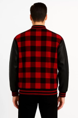 Erkek Kolej Ceket – Kareli Oduncu Kumaş, Kolları Suni Deri, Fermuarlı, İçi Kapitone Astarlı, Nakışlı Oversize Bahar & Kış Stil - Bordo