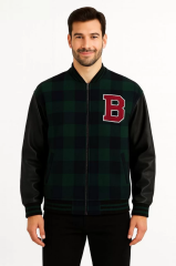 Erkek Kolej Ceket – Kareli Oduncu Kumaş, Kolları Suni Deri, Fermuarlı, İçi Kapitone Astarlı, Nakışlı Oversize Bahar & Kış Stil - Haki