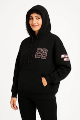 Kadın Üç İplik Kapüşonlu Ön ve Arka Baskılı SweatShirt hoodie - Siyah