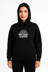 Kadın Kapşonlu Sweatshirt – Oversize Üç İplik Şardonlu Hoodie, “West Coast Classics” Ön & Arka Baskılı, Kanguru Cepli Kışlık Günlük Stil - Siyah