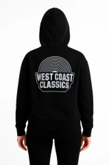 Kadın Kapşonlu Sweatshirt – Oversize Üç İplik Şardonlu Hoodie, “West Coast Classics” Ön & Arka Baskılı, Kanguru Cepli Kışlık Günlük Stil - Siyah