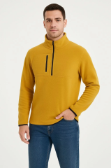 Erkek Polar Kazak – Dik Yaka, Yarım Fermuarlı, Fermuarlı Göğüs Cepli, Siyah Biyeli, Kışlık Rahat Regular Fit Günlük Model - Sarı