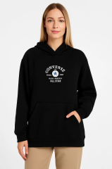 Kadın Kapşonlu Sweatshirt – Üç İplik Şardonlu Kumaş, Oversize Fit, Ön & Arka Baskılı, Kanguru Cepli, Kışlık Rahat Hoodie- Siyah