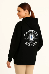 Kadın Kapşonlu Sweatshirt – Üç İplik Şardonlu Kumaş, Oversize Fit, Ön & Arka Baskılı, Kanguru Cepli, Kışlık Rahat Hoodie- Siyah