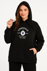 Kadın Kapşonlu Sweatshirt – Üç İplik Şardonlu Kumaş, Oversize Fit, Ön & Arka Baskılı, Kanguru Cepli, Kışlık Rahat Hoodie- Siyah