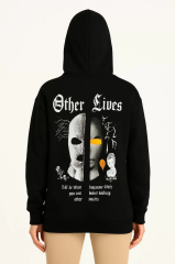 Kadın Kapşonlu Sweatshirt – Oversize Üç İplik Şardonlu Hoodie, “Other Lives” Ön & Arka Baskılı, Kanguru Cepli, Kışlık Rahat Günlük Stil- Siyah