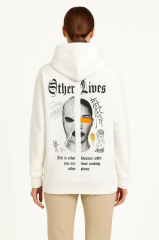 Kadın Kapşonlu Sweatshirt – Oversize Üç İplik Şardonlu Hoodie, “Other Lives” Ön & Arka Baskılı, Kanguru Cepli, Kışlık Rahat Günlük Stil - Beyaz