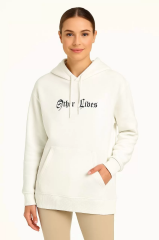 Kadın Kapşonlu Sweatshirt – Oversize Üç İplik Şardonlu Hoodie, “Other Lives” Ön & Arka Baskılı, Kanguru Cepli, Kışlık Rahat Günlük Stil - Beyaz