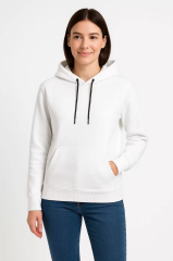 Kadın Üç İplik Kapüşonlu Kanguru Çepli SweatShirt hoodie - Beyaz