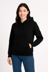 Kadın Üç İplik Kapüşonlu Kanguru Cepli Sweatshirt hoodie - Siyah