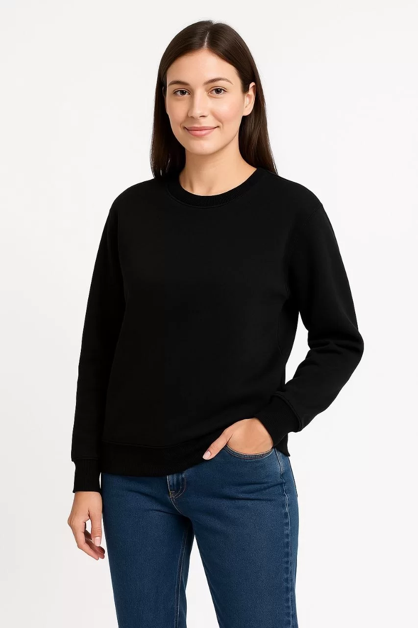 Kadın Üç İplik Düz Bisiklet Yaka SweatShirt - Siyah