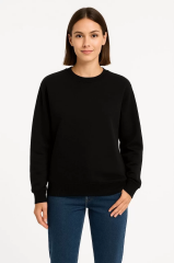 Kadın Üç İplik Düz Bisiklet Yaka SweatShirt - Siyah