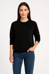 Kadın Üç İplik Düz Bisiklet Yaka SweatShirt - Siyah