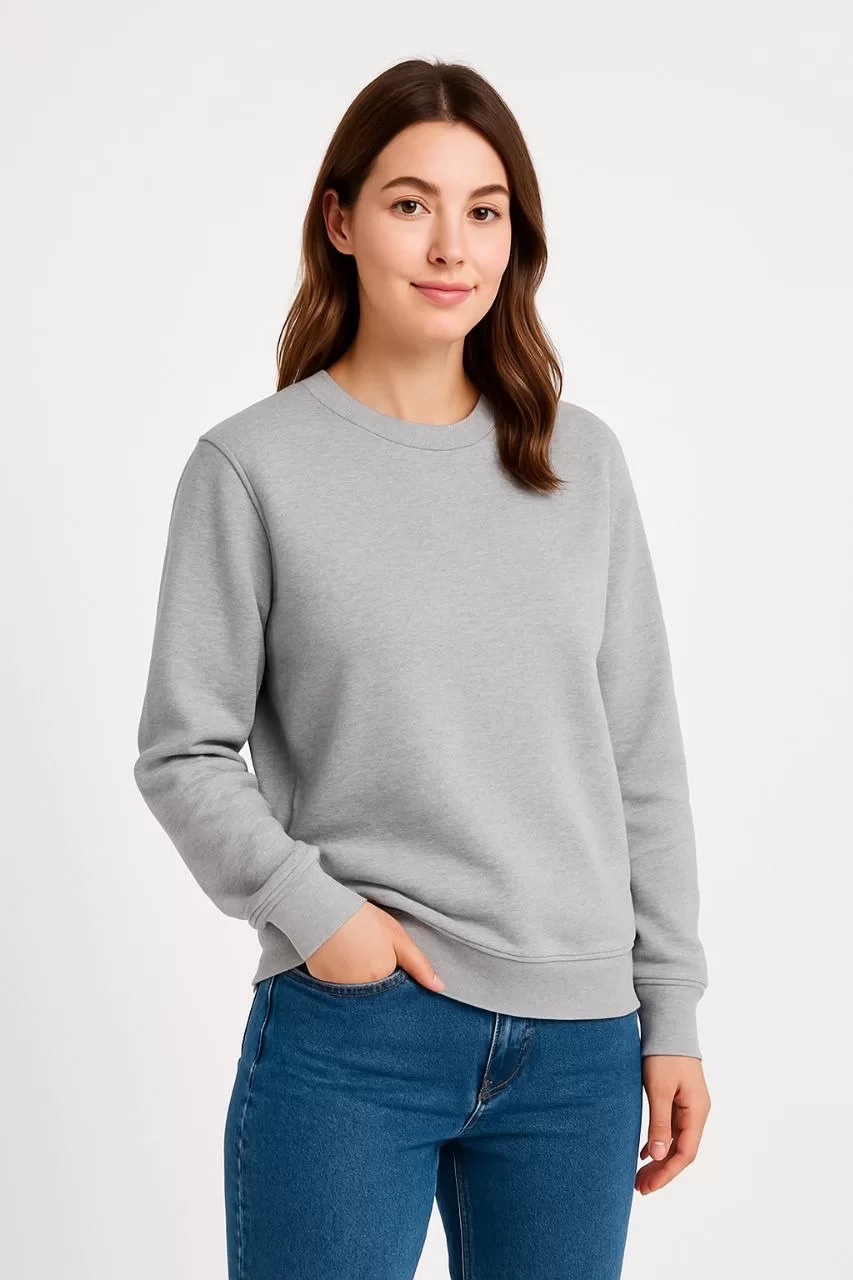 Kadın Üç İplik Düz Bisiklet Yaka SweatShirt - Gri