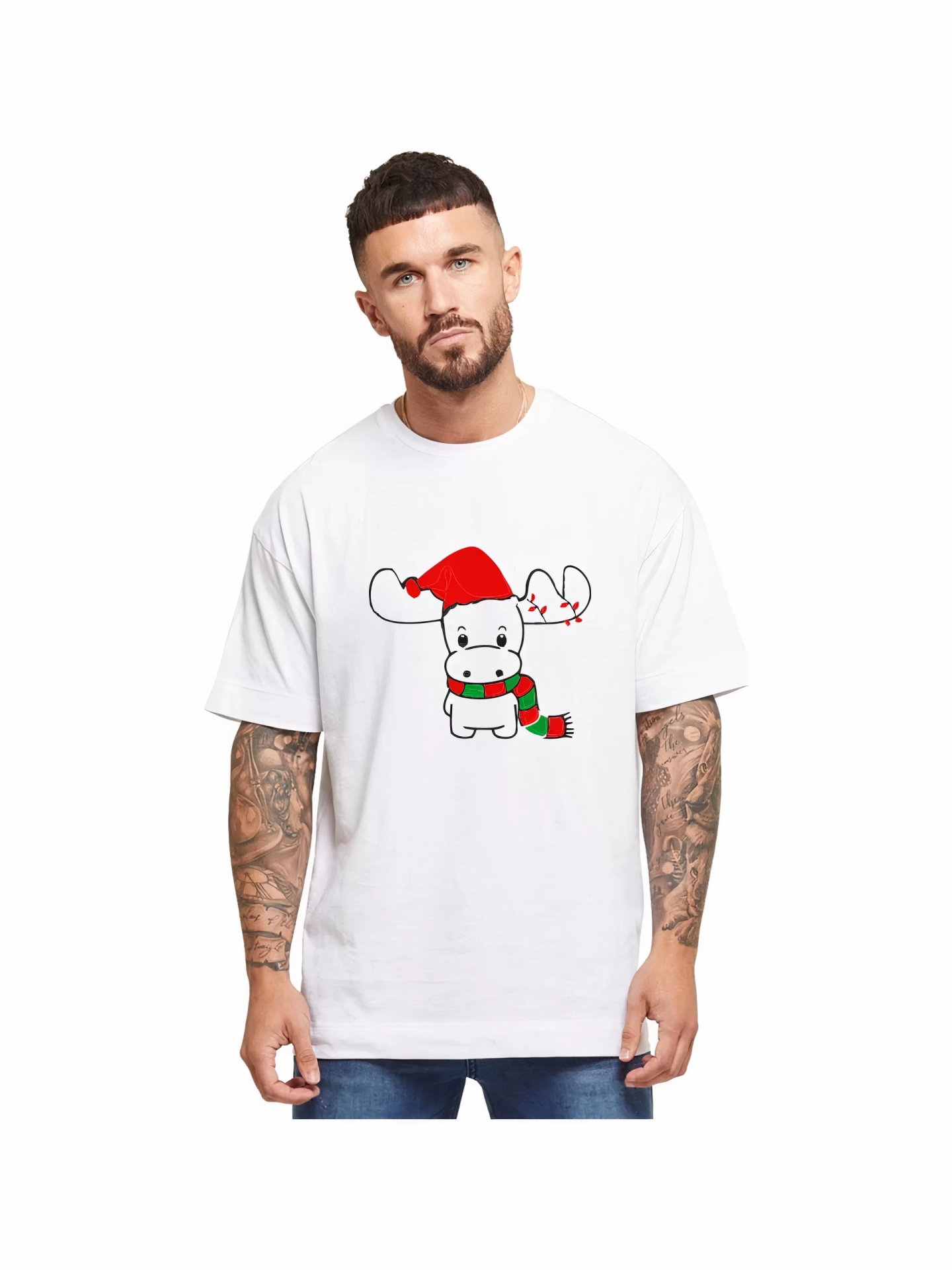 Ren Geyiği baskılı Noel İçin T-shirt - Beyaz