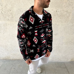 Erkek Yarım Fermuarlı Desenli Polar Sweat Tribal Etnik Desen Yakalı, Uzun Kollu, Oversize Rahat Kalıp, - Siyah