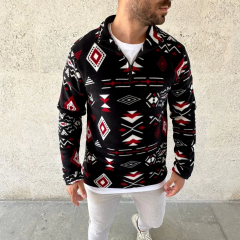 Erkek Yarım Fermuarlı Desenli Polar Sweat Tribal Etnik Desen Yakalı, Uzun Kollu, Oversize Rahat Kalıp, - Siyah