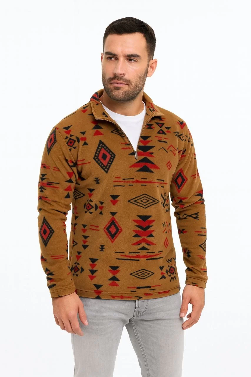 Erkek Yarım Fermuarlı Desenli Polar Sweat Tribal Etnik Desen Yakalı, Uzun Kollu, Oversize Rahat Kalıp, - Kahverengi