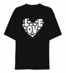Sevgililer Günü İçin Özel Tasarım Love Kalp Baskılı T-shirt - Siyah