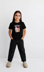 Kız Labubu Çocuk Baskılı T-Shirt - Siyah