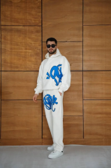 Erkek Kapüşonlu Eşofman Takım Graffiti Baskılı  Oversize Rahat Kalıp, Kanguru Cepli, Streetwear Tarzında Premium Ürün 3 iplik Pamuklu - Beyaz