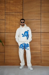 Erkek Kapüşonlu Eşofman Takım Graffiti Baskılı  Oversize Rahat Kalıp, Kanguru Cepli, Streetwear Tarzında Premium Ürün 3 iplik Pamuklu - Beyaz