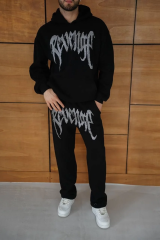 Erkek Premium Taş Baskılı Eşofman Takım Revenge Model (Siyah) Kapüşonlu Üst + Taşlı Baskılı Alt Modern Streetwear Tarzı Oversize Rahat Kalıp 3 iplik Pamuklu - Siyah