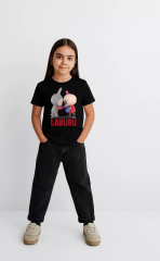 Kız Labubu Çocuk Baskılı T-Shirt - Siyah