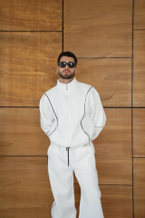 Erkek Premium Parçalı Eşofman Takım - Dik Yaka Fermuarlı Biyeli Sweatshirt Lastik Paça Alt, Oversize 3 iplik Şardonlu - Beyaz