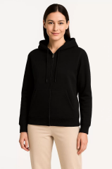 Kadın Üç İplik Kapüşonlu Tam Fermuarlı Kanguru Çepli SweatShirt Hoodie - Siyah