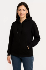 Kadın Üç İplik Kapüşonlu Tam Fermuarlı Kanguru Çepli SweatShirt Hoodie - Siyah