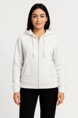 Kadın Üç İplik Kapüşonlu Tam Fermuarlı Kanguru Çepli SweatShirt Hoodie - Beyaz