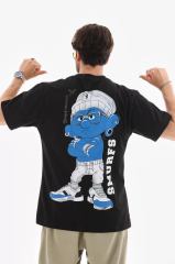 Unisex Bisiklet Yaka Baskılı Oversize T-Shirt - Siyah