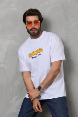 Unisex Bisiklet Yaka Baskılı Oversize T-Shirt - Beyaz