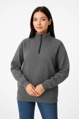 Kadın Üç İplik Dık Yaka Yarım Fermuarlı SweatShirt - Antrasit