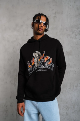 Erkek Oversize Kapüşonlu Sweatshirt – Siyah Renk Üç İplik İçi Pamuklu Kanguru Cepli Baskılı Hoodie Rahat Kalıp Kışlık Günlük Kombinlere Uygun - Siyah