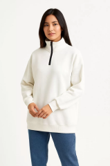 Kadın Üç İplik Dık Yaka Yarım Fermuarlı SweatShirt - Beyaz