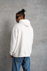 Erkek Oversize Kapüşonlu Sweatshirt – Beyaz Renk Üç İplik İçi Pamuklu Kanguru Cepli Baskılı Hoodie Rahat Kalıp Kışlık Günlük Kombinlere Uygun - Beyaz