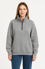 Kadın Üç İplik Dık Yaka Yarım Fermuarlı SweatShirt - Gri