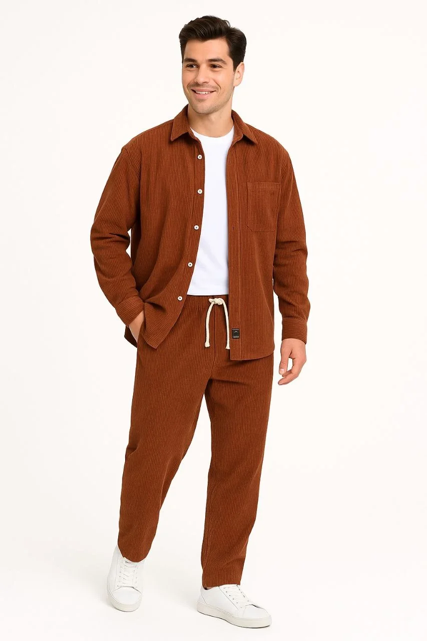 Erkek Kadife Oversize Takım – Gömlek ve Pantolon İkili Set Füme Corduroy Şıklığı, Rahat ve Zarif Duruş Yumuşak Dokulu Kadife Kumaş, Düğmeli Gömlek Üst ve Lastikli Pantolon Alt Parça ile Gün Boyu Konfor- Kiremit