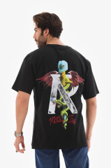 Unisex Bisiklet Yaka Baskılı Oversize T-Shirt - Siyah