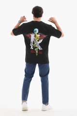 Unisex Bisiklet Yaka Baskılı Oversize T-Shirt - Siyah